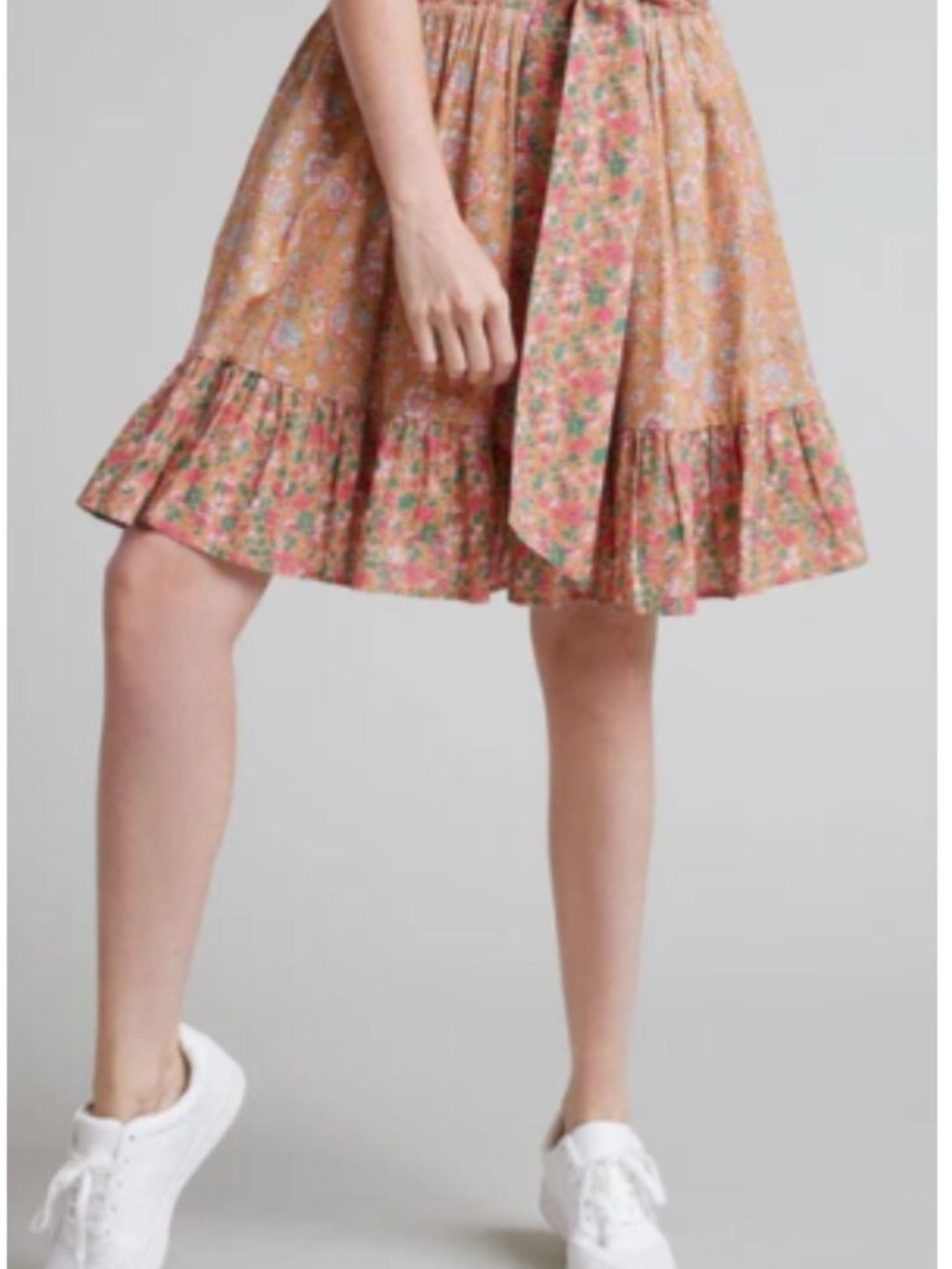 DownEast Tan Floral Tie-Waist Ruffle Midi Skirt